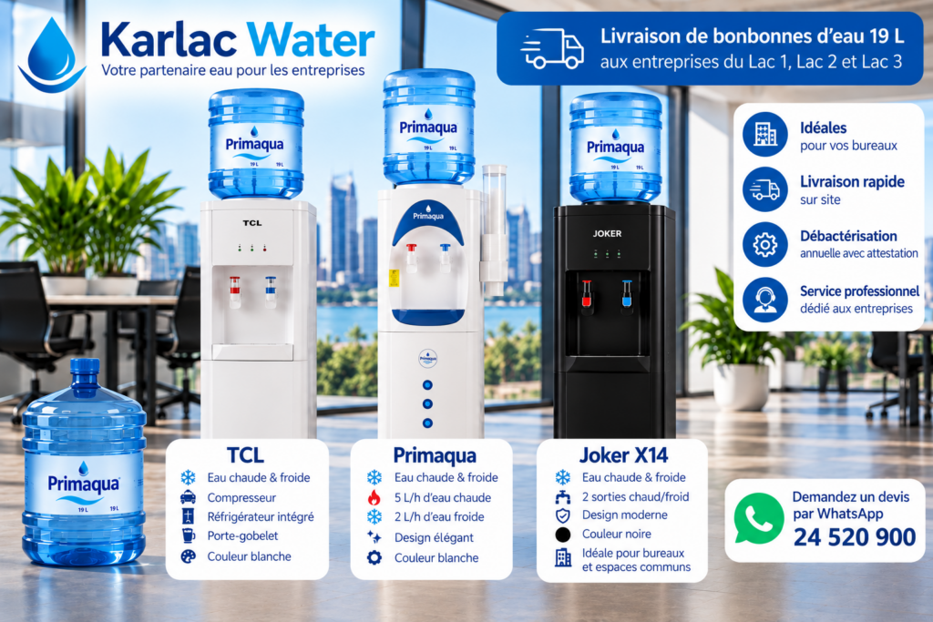 Livraison bonbonnes d’eau Livraison bonbonnes d’eau 19 L et fontaines aux entreprises du Lac Tunis