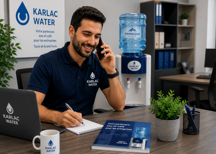 Conseiller Karlac Water au téléphone avec une fontaine Primaqua